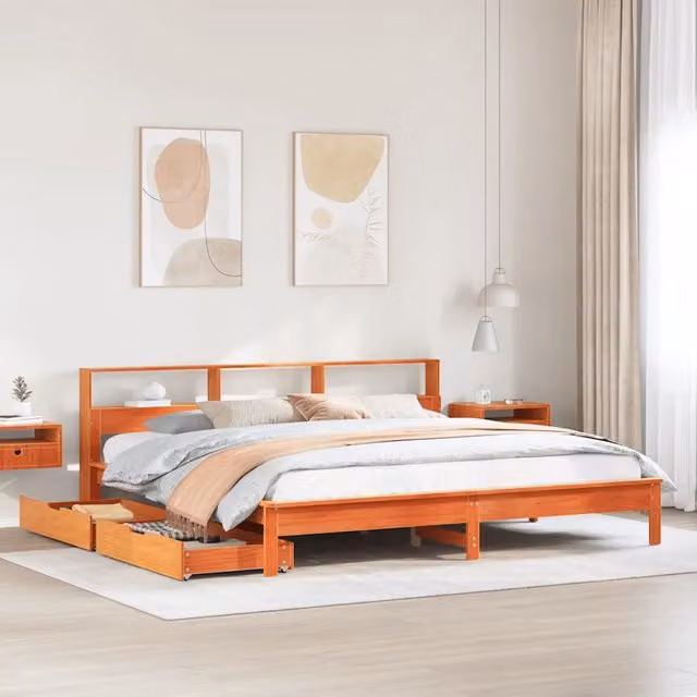 Letto Libreria senza Materasso Marrone Cera 200x200 cm in Pino 3309799