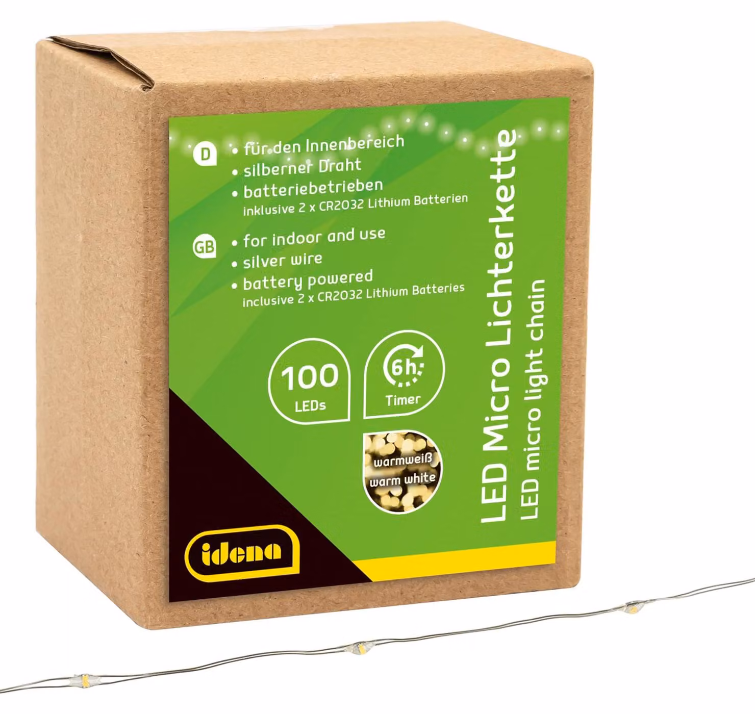 Catena luminosa a LED con 100 luci bianche calde, timer, lunghezza 10,2 metri, alimentazione a batteria