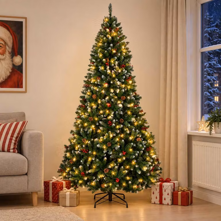 Albero di Natale artificiale pieghevole, altezza 240 cm, con 300 luci a LED