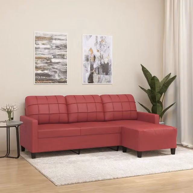 Divano a 3 Posti con Poggiapiedi-Sofa 3 Posti con Poggiapiedi Rosso Vino 180cm in Similpelle 339716