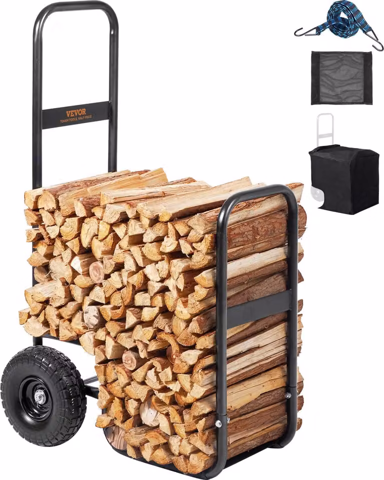 Carrello per legna da ardere 67x52x110cm Carrello per legna da ardere in acciaio verniciato a polvere Carrello per legna da ardere con ruote in gomma da 266,7 mm Carrello per legna Max. 113,4kg Carrello per il trasporto con cavo bungee incluso Rete per pa