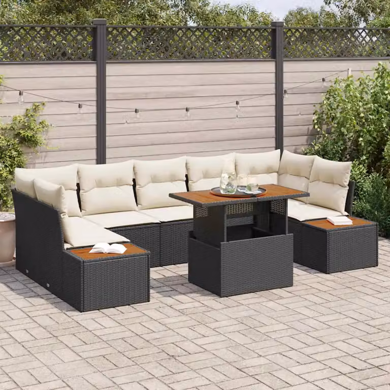 Set Divano da Giardino vidaXL 8 Pezzi in Polyrattan Nero con Cuscini e Tavolino da Esterno a Forma di U
