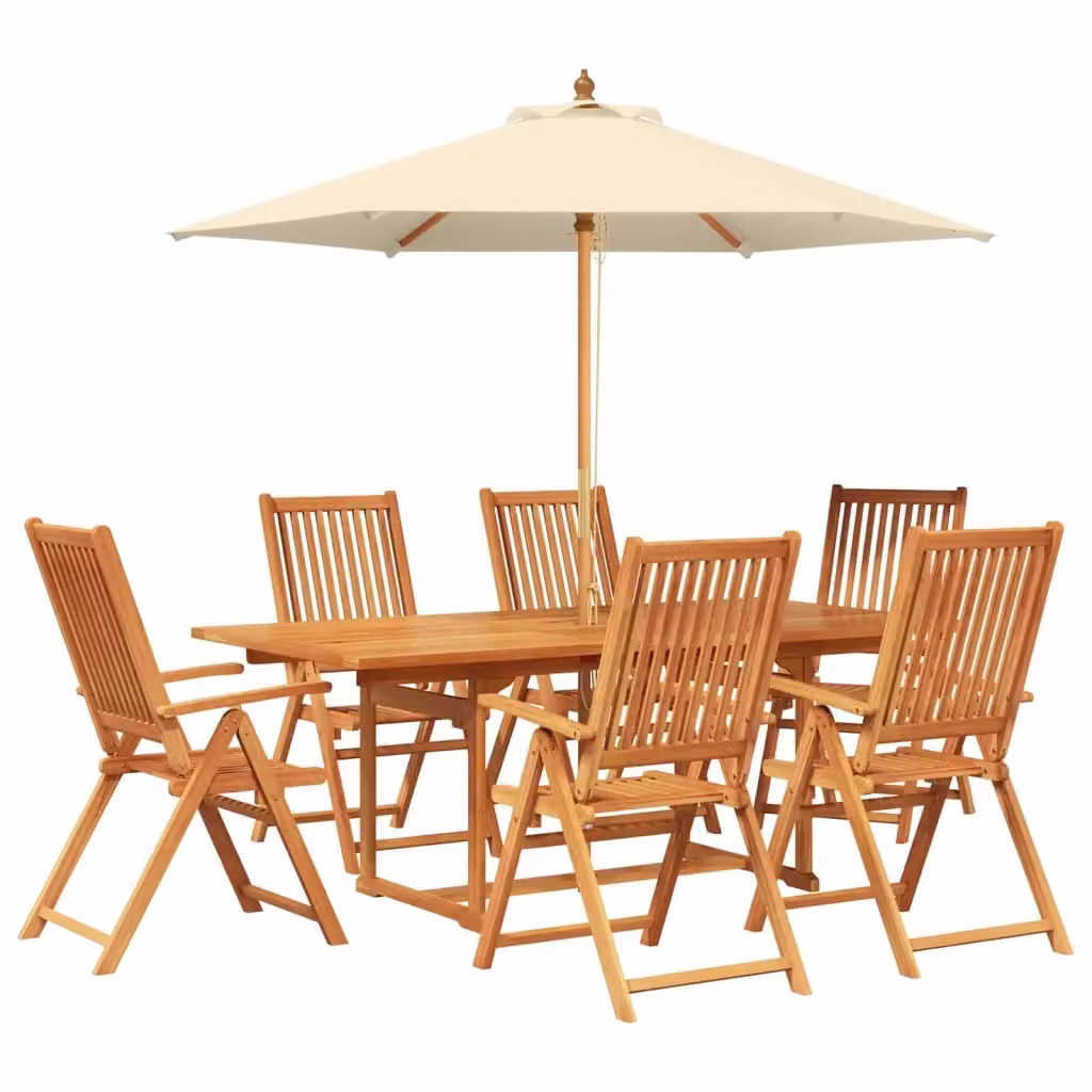 Set da pranzo da esterno vidaXL in legno di acacia con ombrellone, 8 pezzi per 6 persone, marrone e bianco – 2