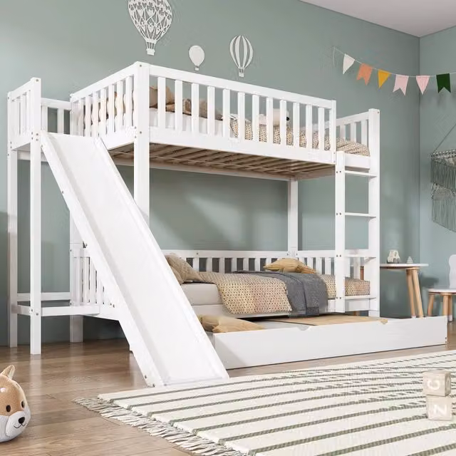Letto a castello 3 posti 90 × 200 cm e 90 × 190 cm con scivolo, mensole e barriere, senza materassi, bianco