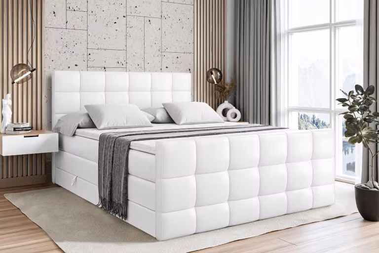 Letto boxspring ALTDECOR con materasso e rete a doghe - APO -Z KING - 200x200 cm - Pelle finta bianca - Coprimaterasso, pediera, letto imbottito con contenitore, letto con vano portaoggetti H3 e H4 - Materasso, letto matrimoniale, letto boxspring