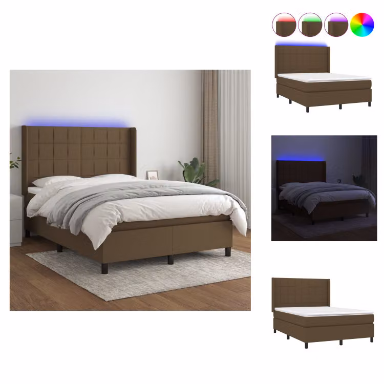 vidaXL Letto a molle con materasso e LED in tessuto marrone scuro 140x190 cm - Letti & strutture letto