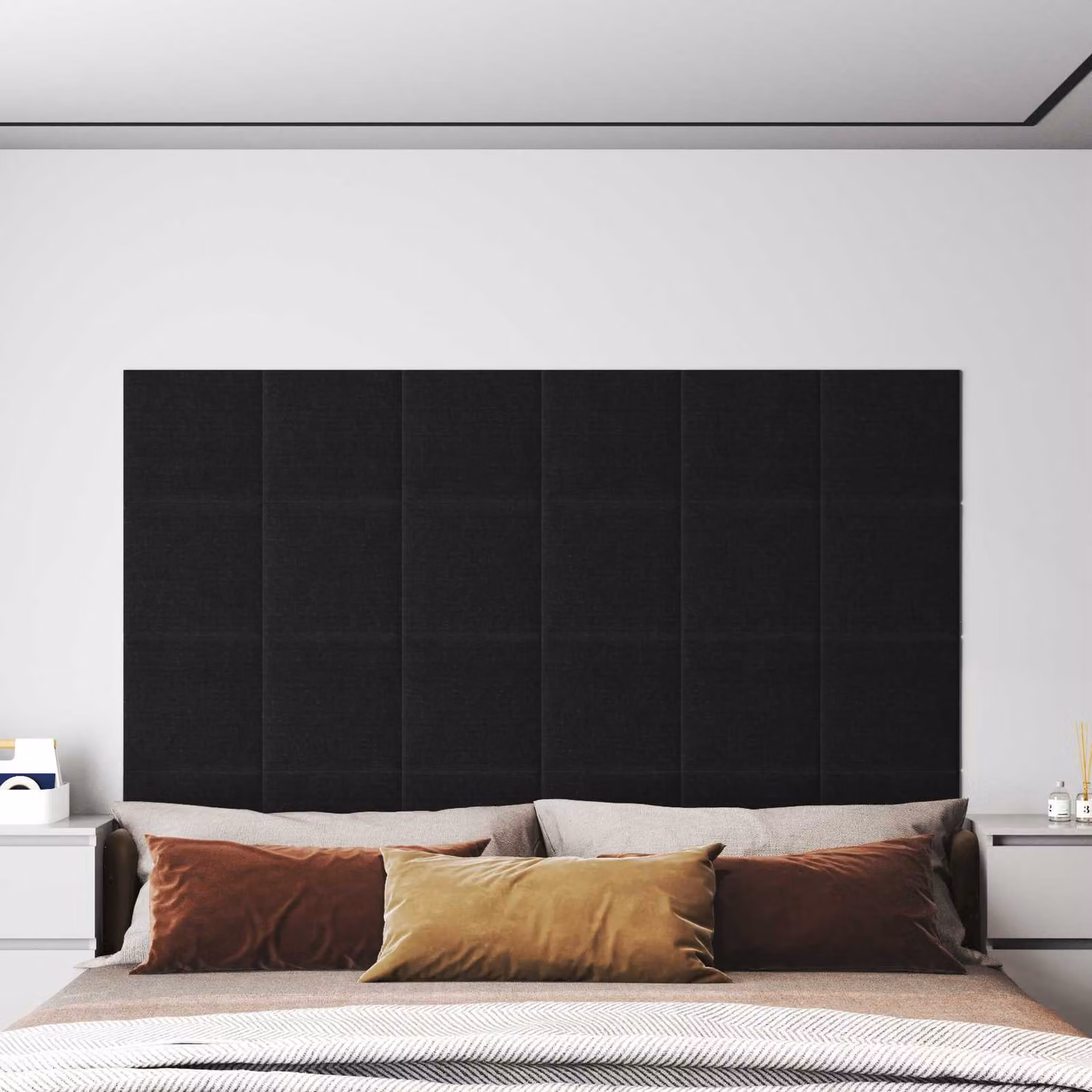 Set di 12 pannelli testiera da parete vidaXL in tessuto nero, design moderno e imbottito, L/P/H: 30 x 30 x 3,75 cm