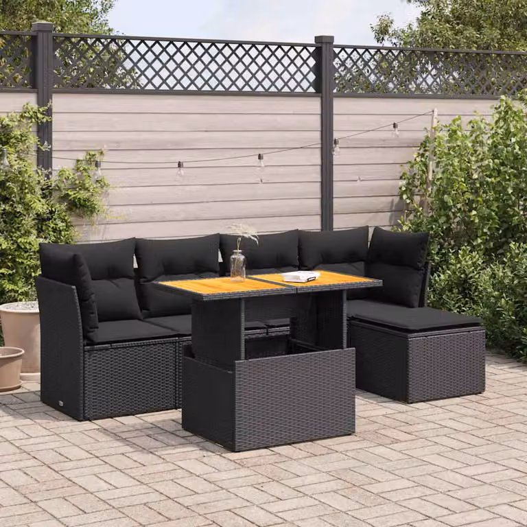Set Divano da Giardino vidaXL 6 pz in Polyrattan Nero con Cuscini e Tavolino da Esterno