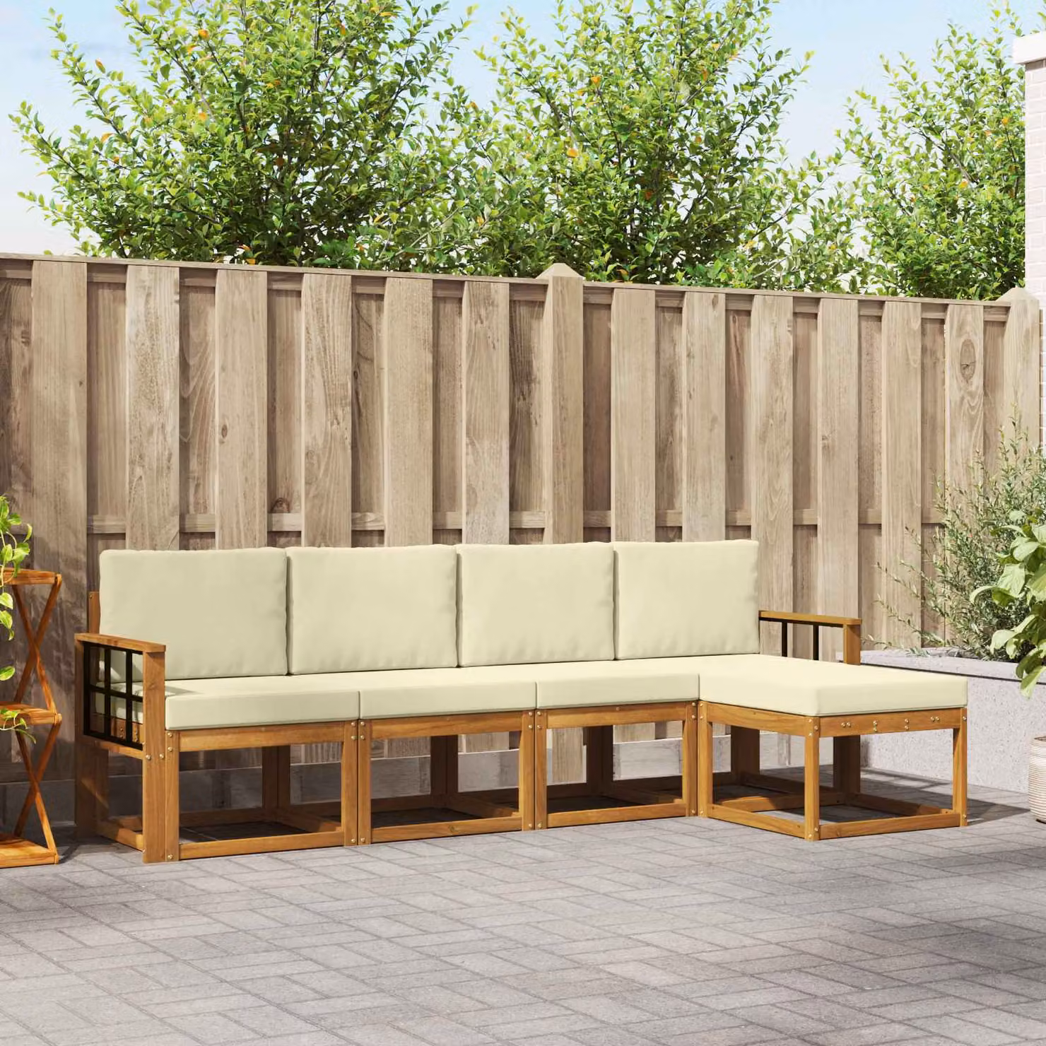 Set di divani da esterno vidaXL a forma di L in legno di acacia con cuscini, 5 pezzi, Beige e Marrone