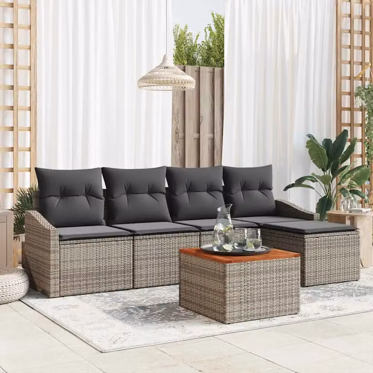 Set Divano da Giardino L-Shape vidaXL in Polyrattan Grigio con 6 Pezzi e Cuscini Inclusi