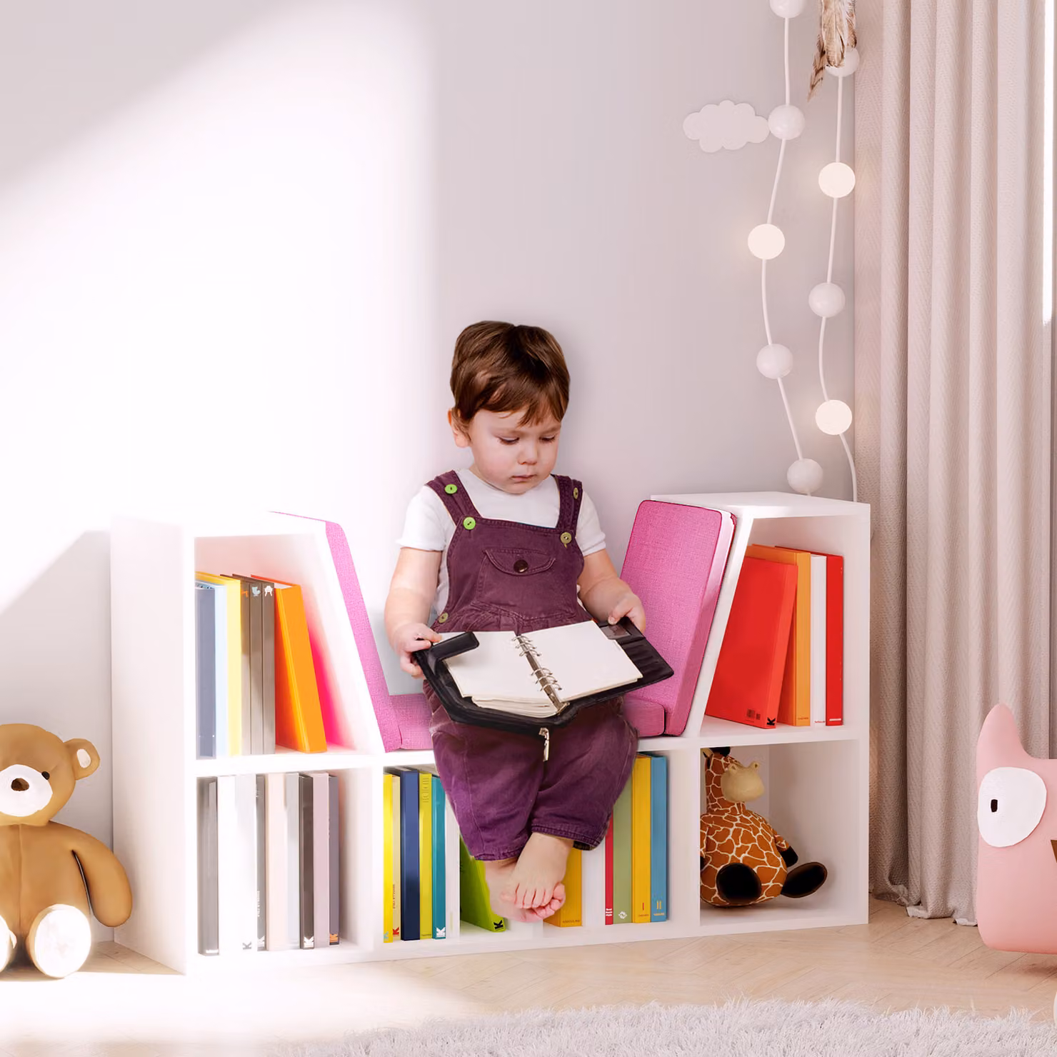 Libreria Panca 2 in 1 HOMCOM con 6 scomparti e 3 cuscini, Design Contemporaneo per Cameretta Bambini, Bianco Rosa, L 102 x P 30 x H 61 cm – 2