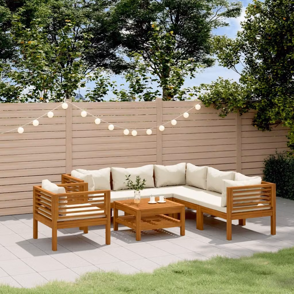 The Living Store Set da salotto da giardino 7 pezzi con cuscini crema Legno massiccio di acacia