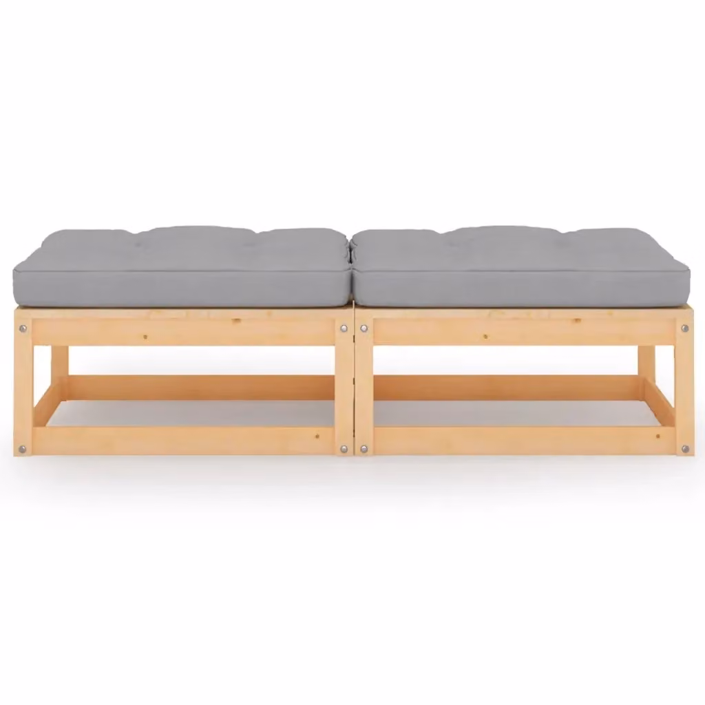 Set di 2 Poggiapiedi da Giardino in Legno di Pino con Cuscini Grigi CFW3194445 – 2