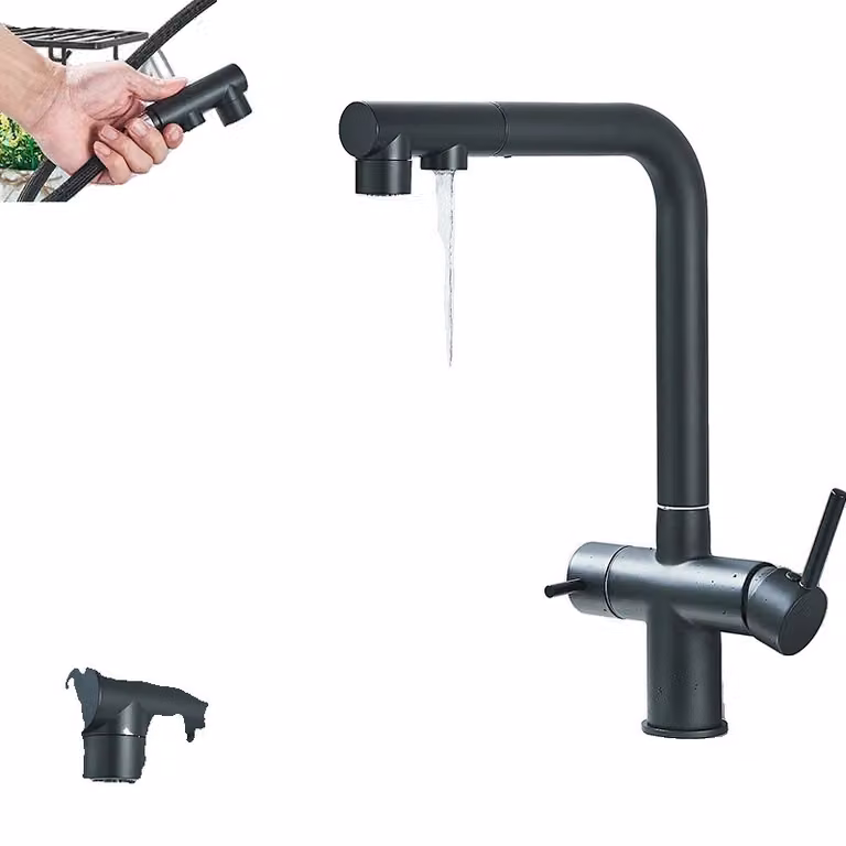 Rubinetto da cucina ad acqua filtrata, doppia maniglia, rotazione di 360°, doccetta estraibile, nero opaco
