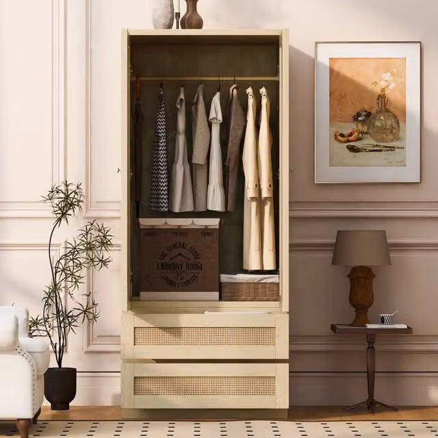 Armadio Guardaroba Effetto Legno 70×55×170 cm con 2 Ante in Rattan; Cassetti e Ripiani Interni