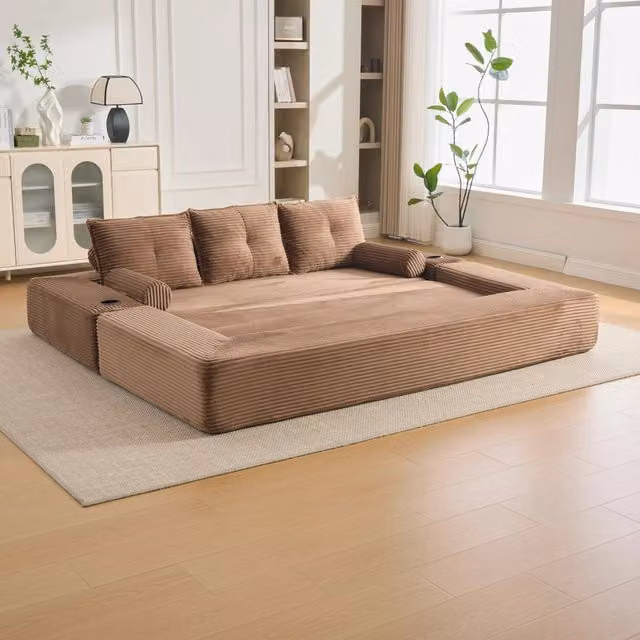 Divano letto 232.0x98.0x80.0 cm pieghevole con portabicchieri e tasche laterali in velluto a coste marrone