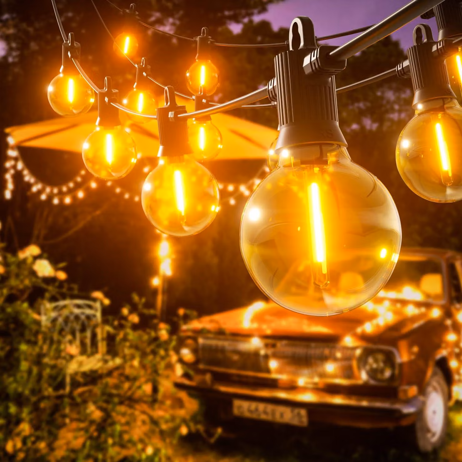 Catena luminosa a LED, 15 metri, grado di protezione IP65, 25+2 lampadine G40, luce bianco caldo, infrangibile