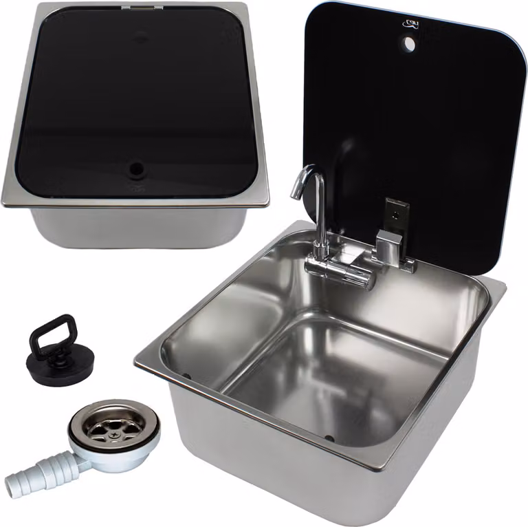 Lavabo VA in acciaio inox Lavello con rubinetto pieghevole + scarico + coperchio in vetro 320 x 350 mm