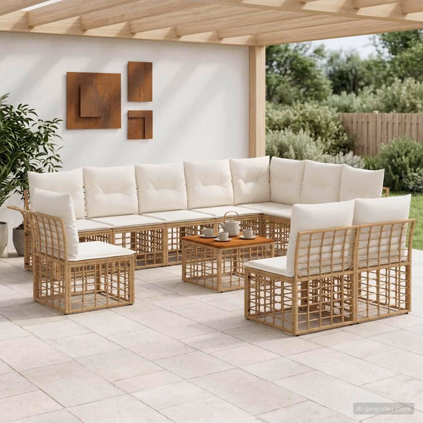vidaXL Set di divani da esterno 11 pezzi per 10 persone con tavolo da caffè e cuscini, stile rustico, colori beige, marrone e bianco