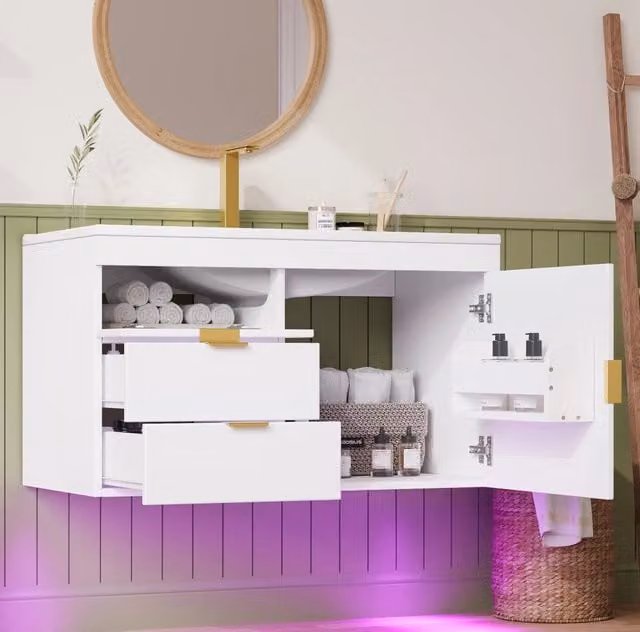Mobile bagno sospeso 76 cm con lavabo in ceramica; LED con App; MDF; bianco