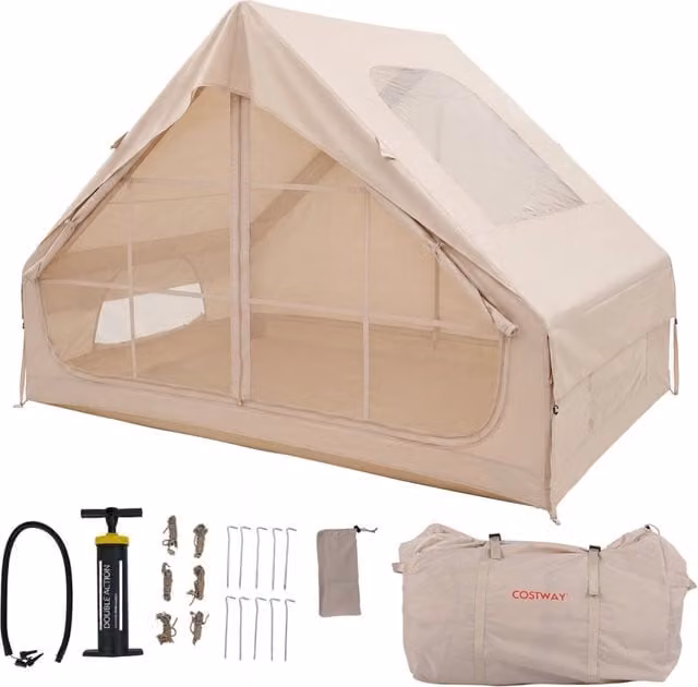 Tenda da campeggio da esterno con porte finestre apertura del camino pompa e borsa da trasporto, Tenda gonfiabile in tessuto oxford impermeabile