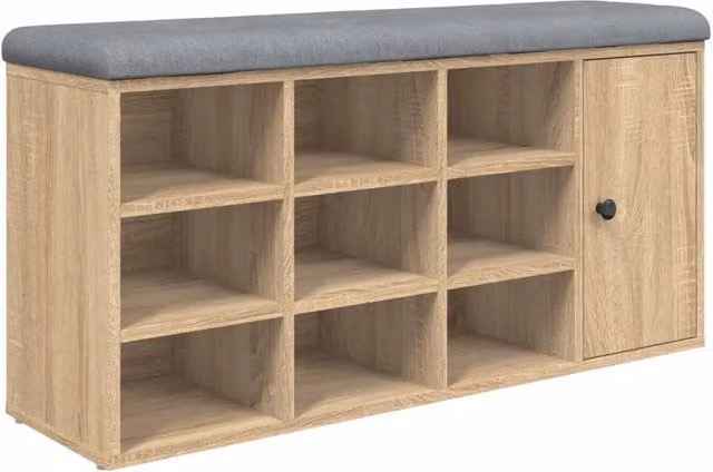 Panca Porta Scarpe Design In in Legno Rovere e Tessuto, L 102 cm x P 32 cm x H 50 cm, Colore Marrone e Grigio
