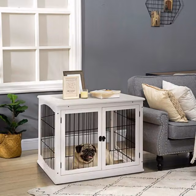Scaffale per cani OKWISH in MDF bianco con due porte e finitura opaca, L: 81 cm, P: 58,5 cm, H: 66 cm