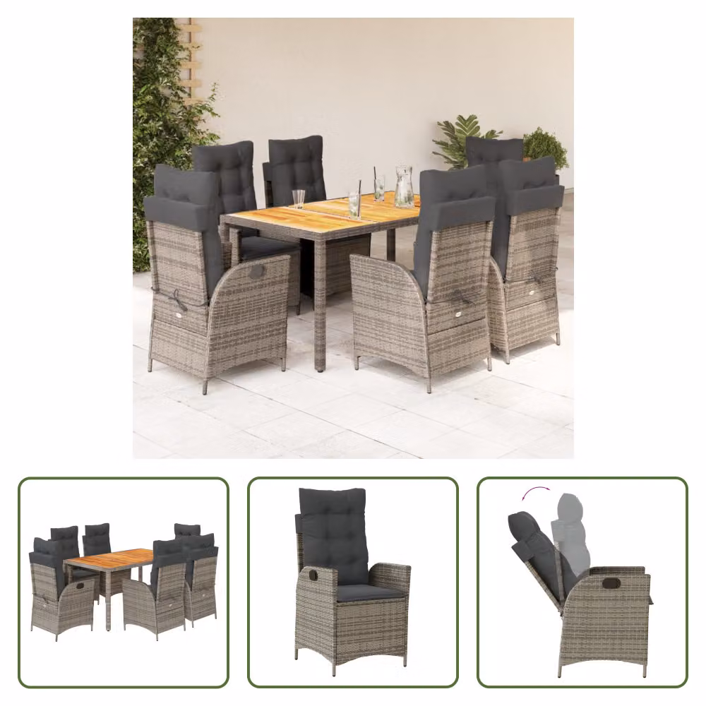 The Living Store Set da pranzo da giardino 7 pezzi con cuscini in poly rattan grigio