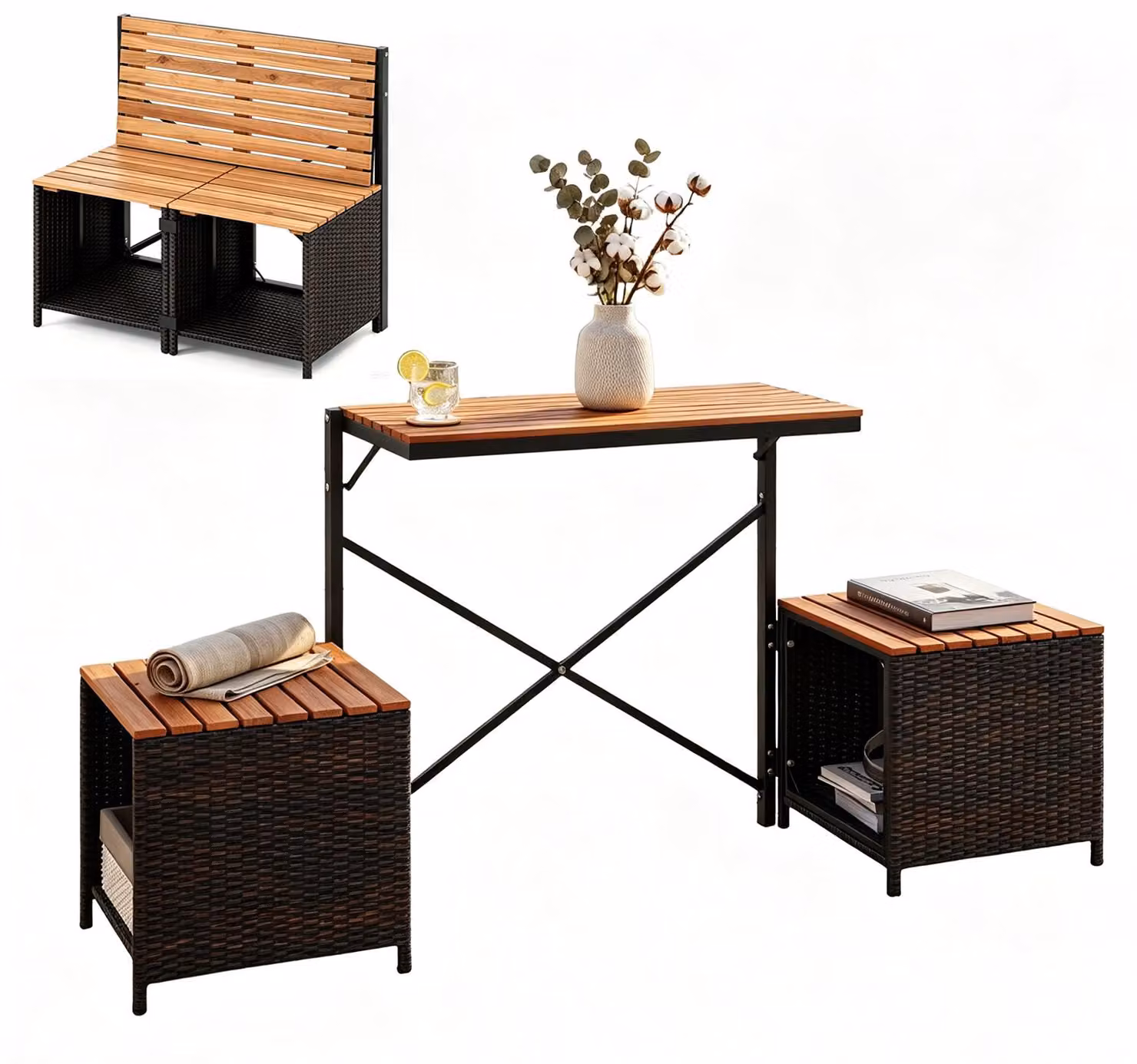 Set di mobili da giardino KOMFOTTEU in rattan, 2 in 1: tavolo da picnic e panca da giardino, mobili trasformabili per balcone con struttura in metallo e spazio contenitivo, set di sedute per esterni, gruppo di sedute per giardino, terrazza e balcone
