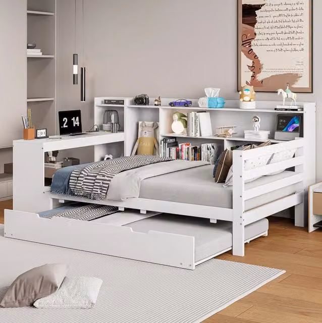 Letto multifunzionale 90x200 cm con letto estraibile e scrivania in legno bianco