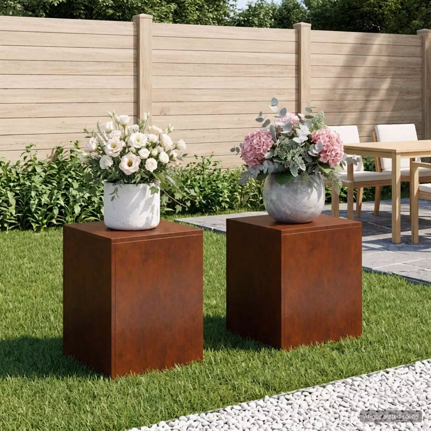 Set di 2 supporti per piante vidaXL in acciaio color marrone, L/P/H: 40 x 40 x 40 cm