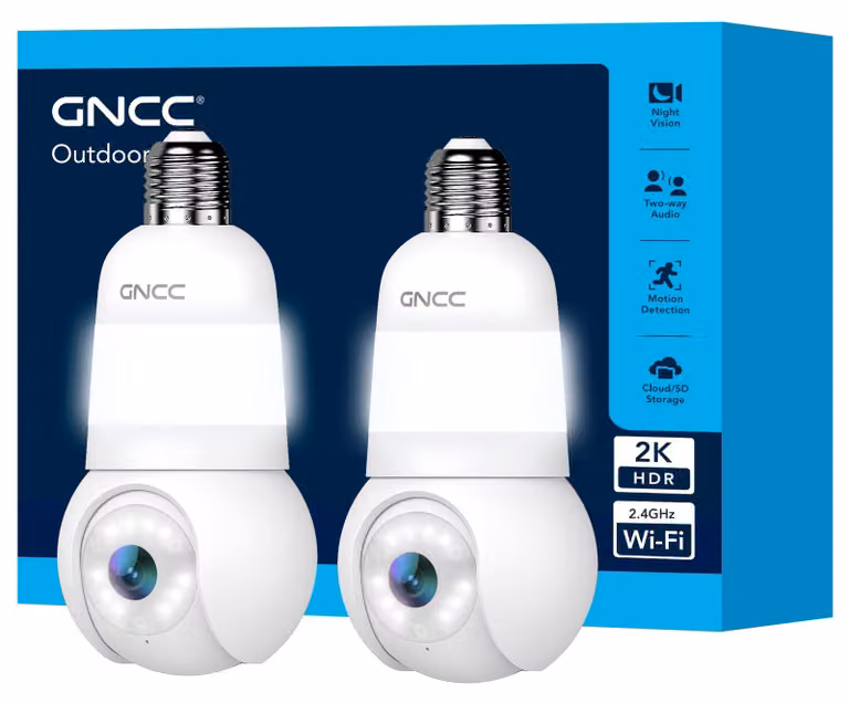 2 telecamere di sicurezza Wi-Fi per interni ed esterni, con funzione PTZ (panoramica, inclinazione e zoom) a 355°, compatibili con lampadine E26/E27