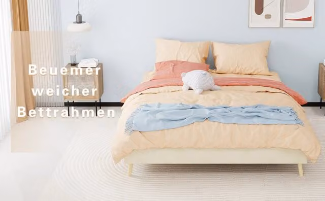 Letto a piattaforma imbottito in velluto olandese, base bassa senza testiera, beige, 160x200 cm, senza materasso