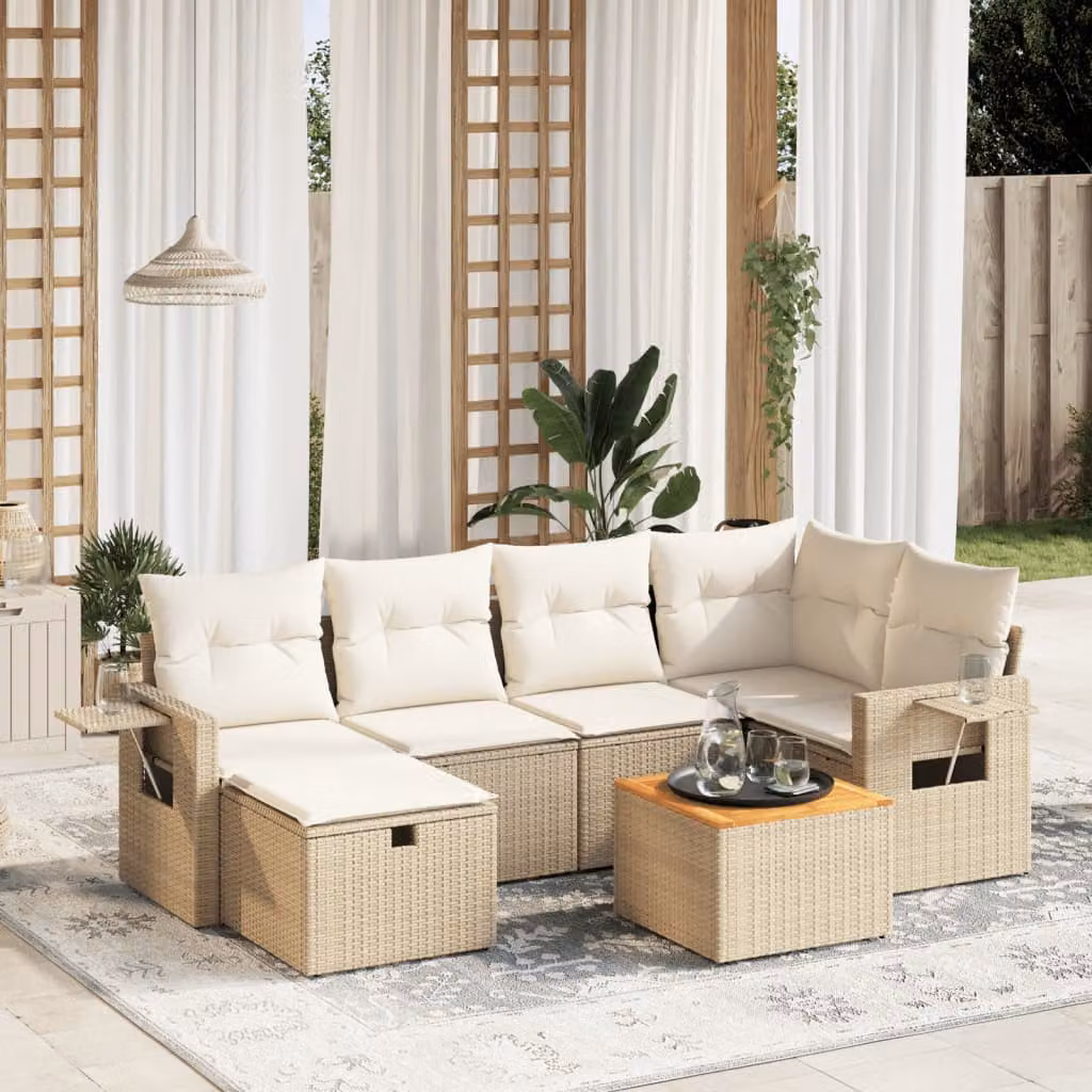 vidaXL Set Divani da Giardino 7 pz a L con Cuscini Beige e Struttura in Acciaio e Polyrattan – 1