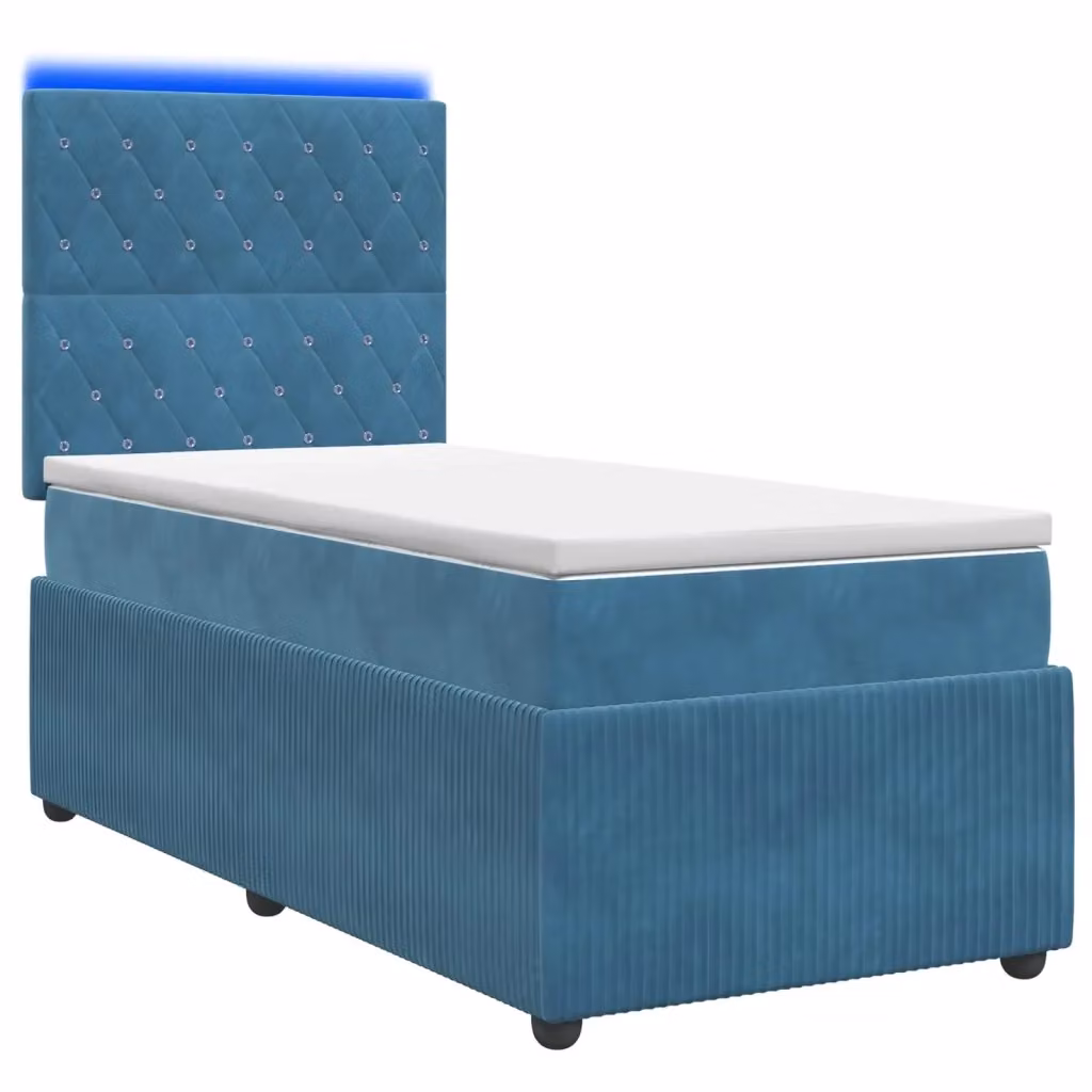 Letto Box Spring vidaXL in Velluto Blu con Materasso Ibrido e Illuminazione LED, L/P: 90 x 190 cm – 2