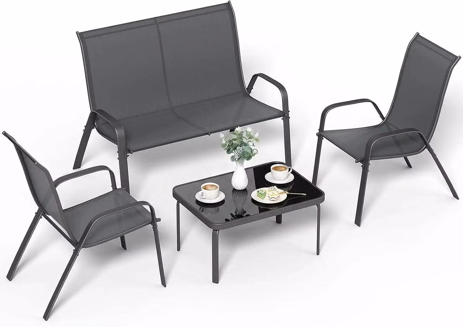 Set di mobili da giardino composto da 4 pezzi: 2 sedie, 1 panca, 1 tavolo. Adatto per 4 persone. Realizzato con tessuto Textilene resistente agli agenti atmosferici e struttura in metallo pieghevole. Colore: grigio
