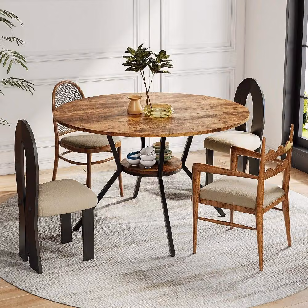 Tavolo da pranzo - Tavolo rotondo - Per 6 persone - 120 x 75 cm - Piano inferiore portaoggetti - Struttura in metallo robusta - Colore: nero e marrone