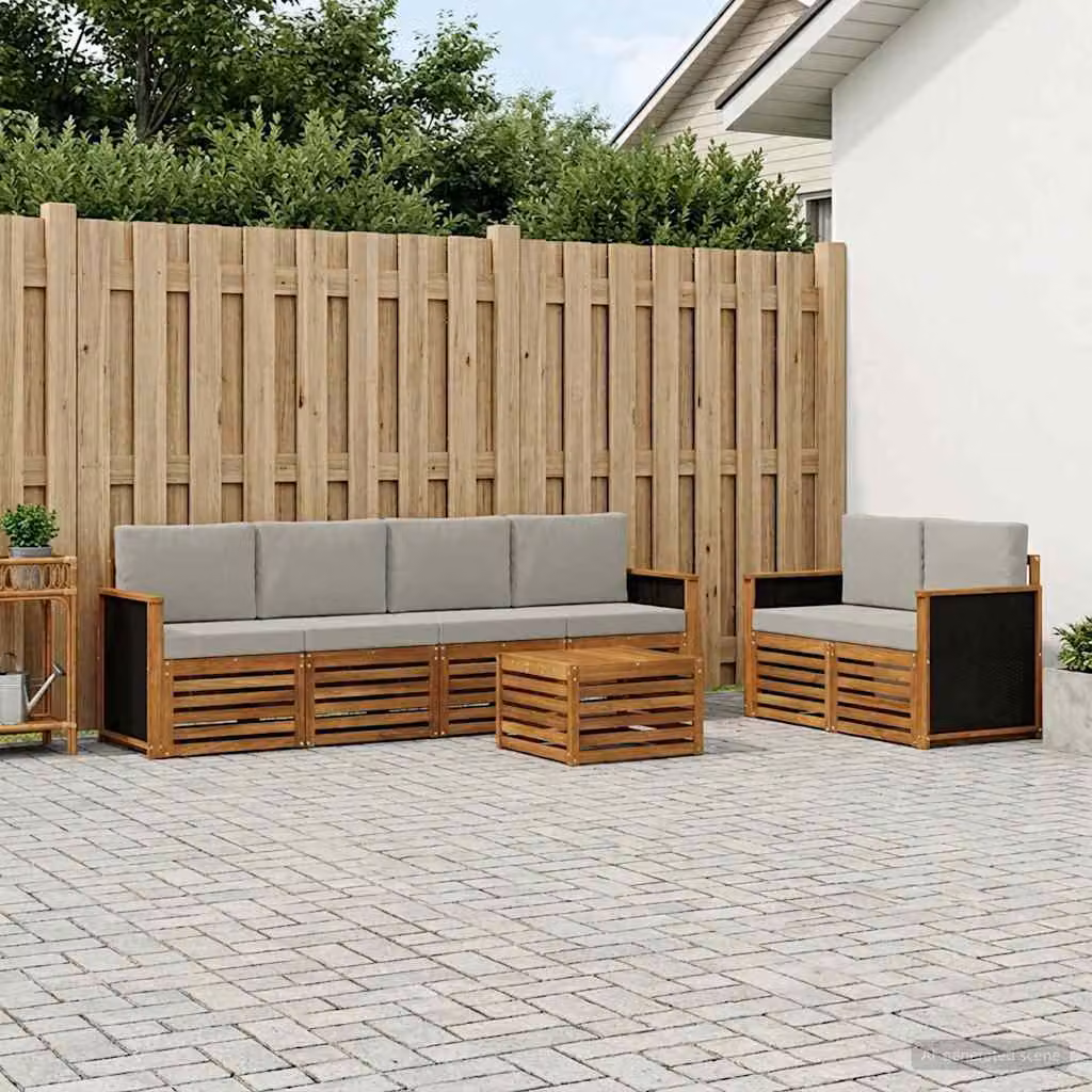 Set di divani da esterno vidaXL a forma di L in legno di acacia con cuscini, 7 pezzi, beige, grigio e marrone