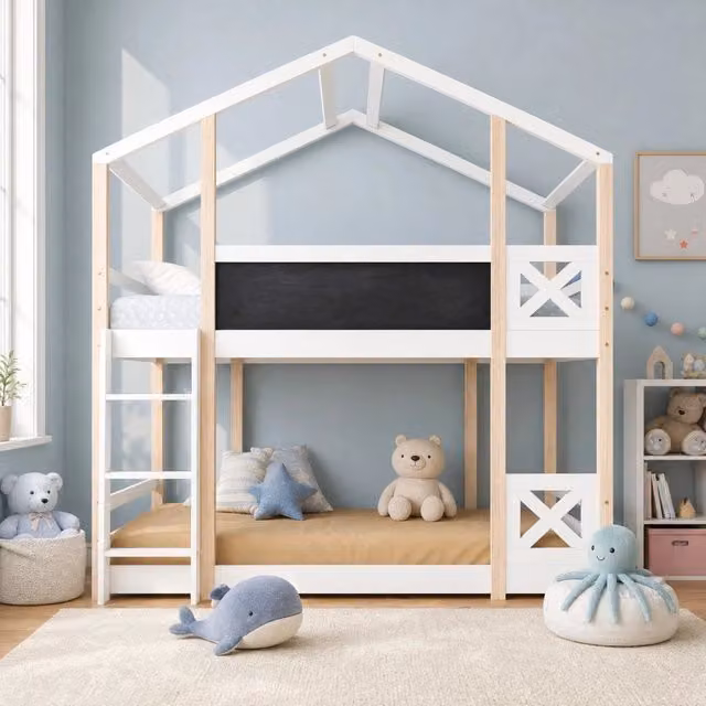 Letto a castello ULEVR 90x200 cm con lavagna e scala, protezione anticaduta, pino massello e MDF bianco