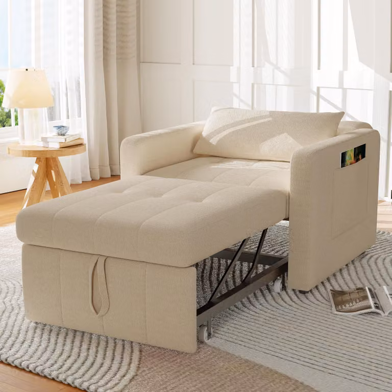 UnboxG divano letto per 1 persona, beige, tessuto in ciniglia, schienale regolabile in 5 direzioni, divano con tavolino e borsa portaoggetti