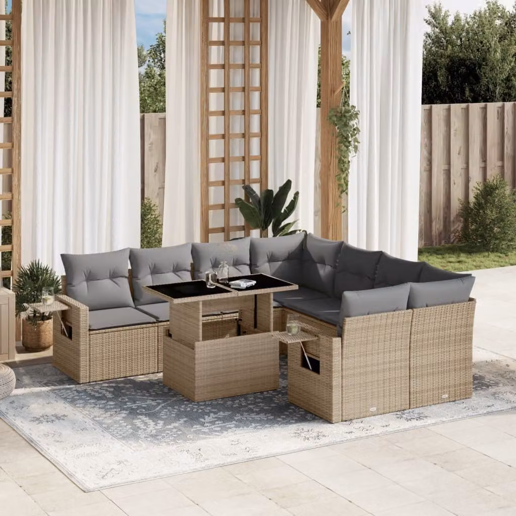 Maison Exclusive - Set Divano da Giardino 9 pz con Cuscini Beige in Polyrattan
