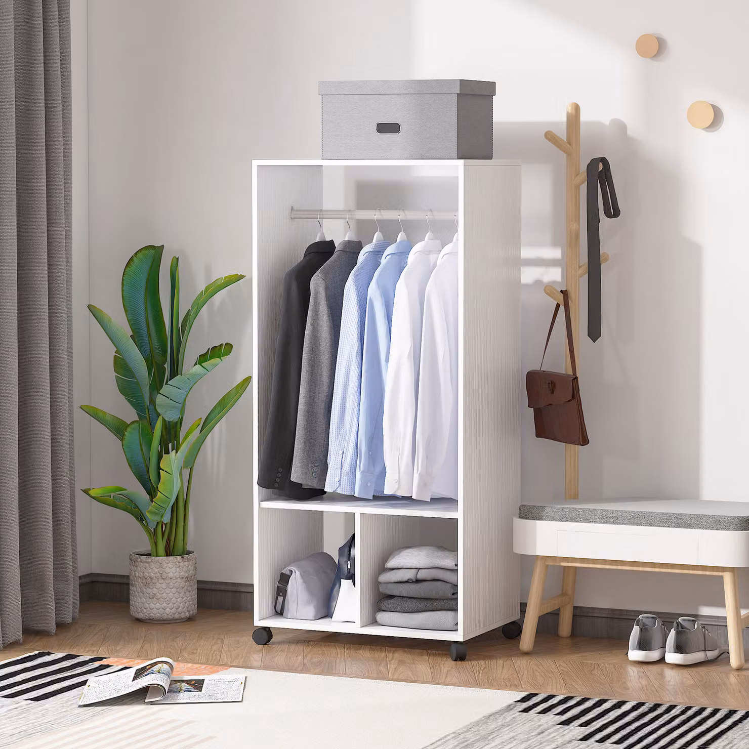 Appendiabiti da ingresso HOMCOM in legno bianco con 2 ripiani aperti e rotelle, L 60 cm x P 40 cm x H 128 cm – 2
