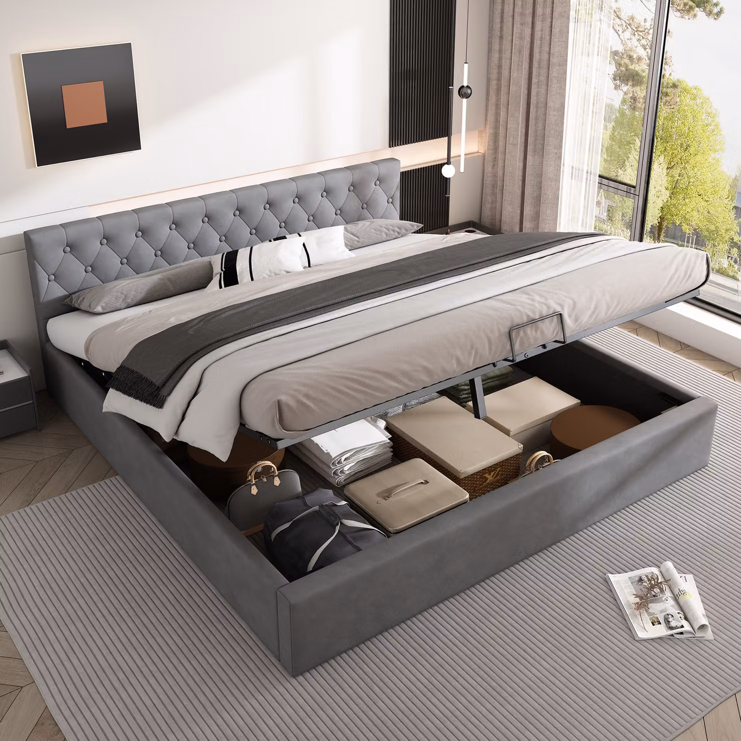 MODFU Letto matrimoniale idraulico con contenitore, 180x200 cm, imbottito con rete a doghe e spazio contenitivo, in velluto grigio (senza materasso)
