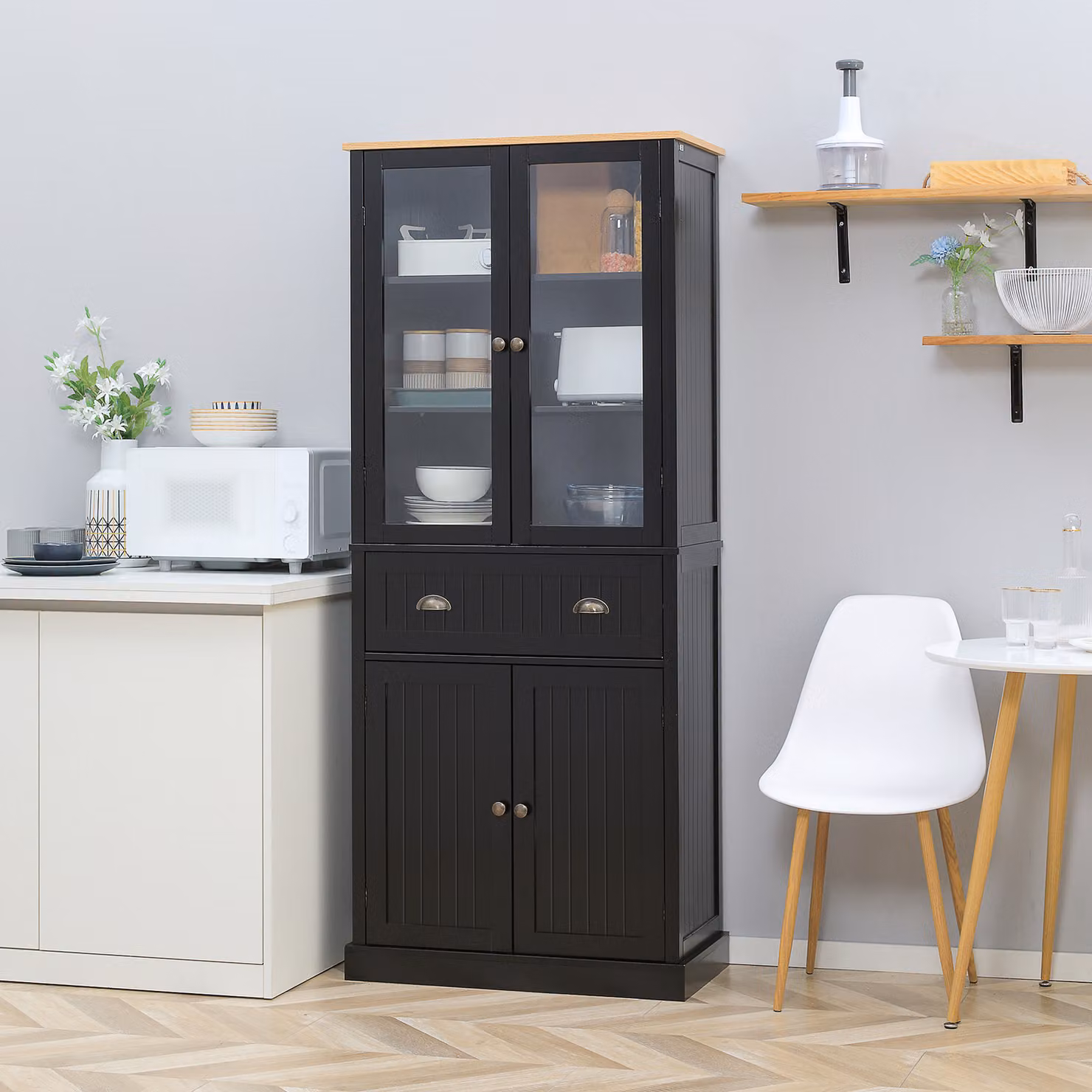 Buffet mobile cucina moderno HOMCOM nero con 4 porte, 2 ante in vetro, 1 cassetto e ripiani regolabili – 2