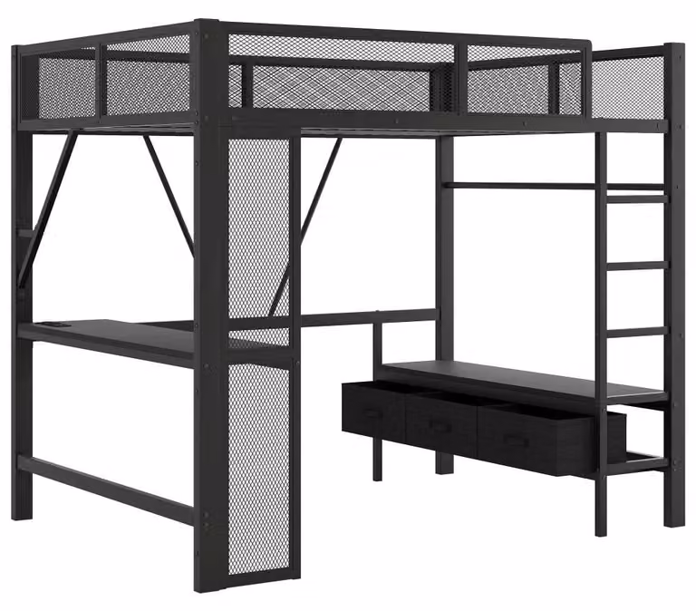 Letto per bambini - Letto multifunzione 140 x 200 cm - Armadio aperto - 3 cassetti - Porta USB - Illuminazione LED - Colore: nero