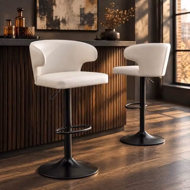 Set di 2 sgabelli da bar MIVRAY bianchi in similpelle con schienale, regolabili in altezza e girevoli a 360 gradi – 1
