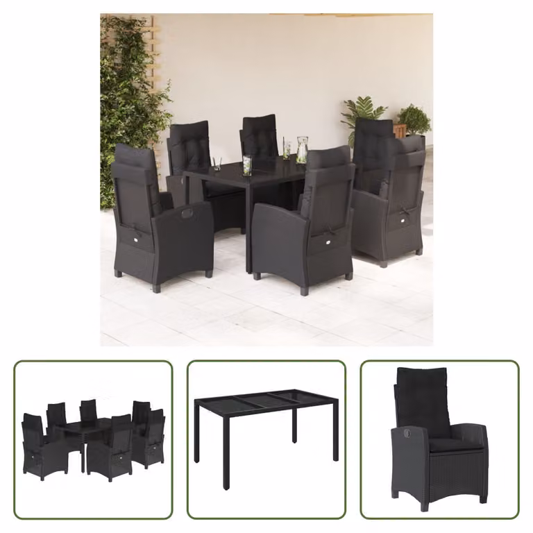 The Living Store Set da pranzo da giardino 7 pezzi con cuscini in polirattan nero