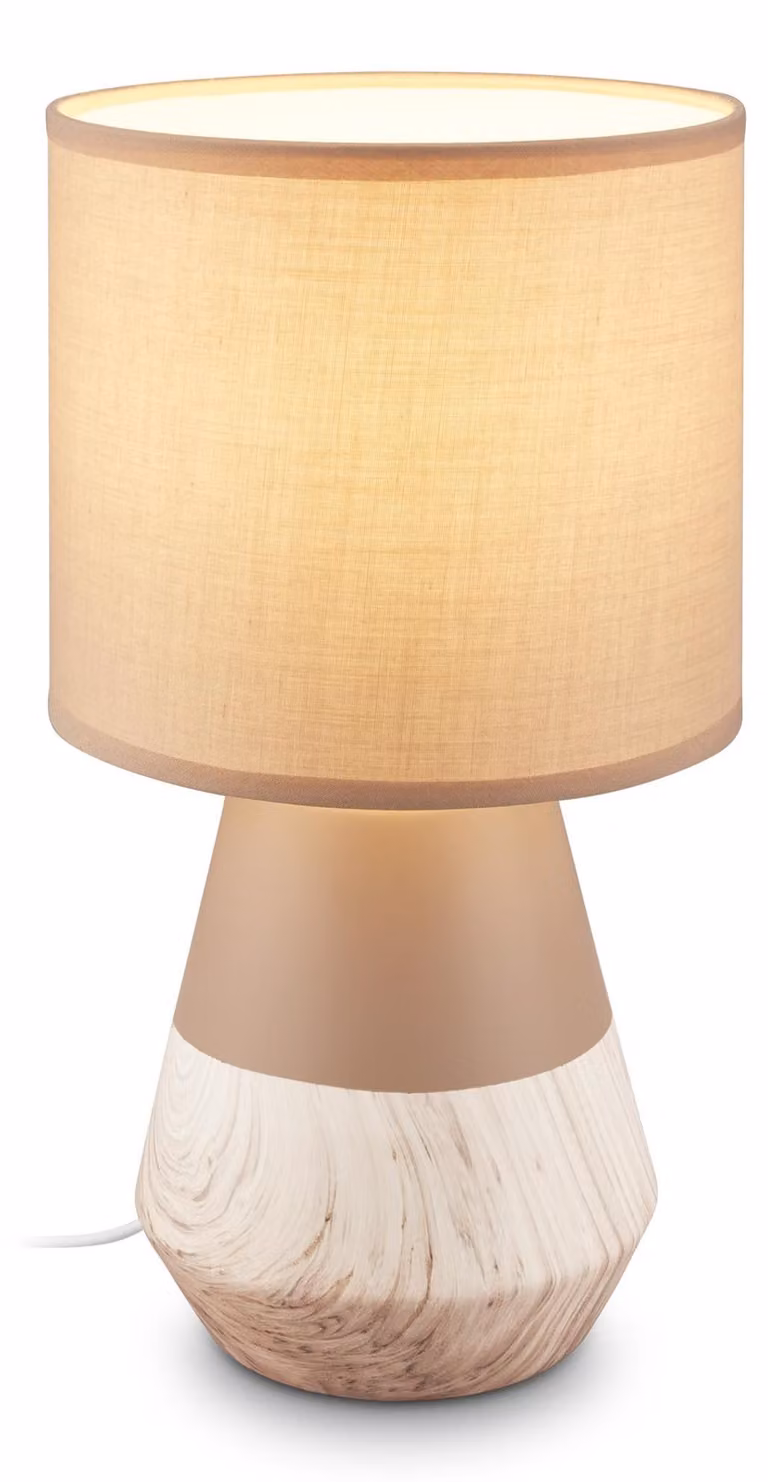 Briloner Lampada da comodino piede in Vetroceramica Ø18x34 cm attacco E14 max. 25W interruttore a filo beige effetto legno - Lampada da tavolo soggiorno camera corridoio