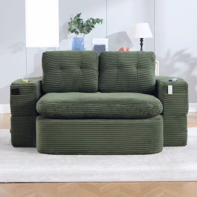 Poltrona convertibile in chaise longue MIVRAY in velluto a coste verde smeraldo con doppio portabevande e tasche
