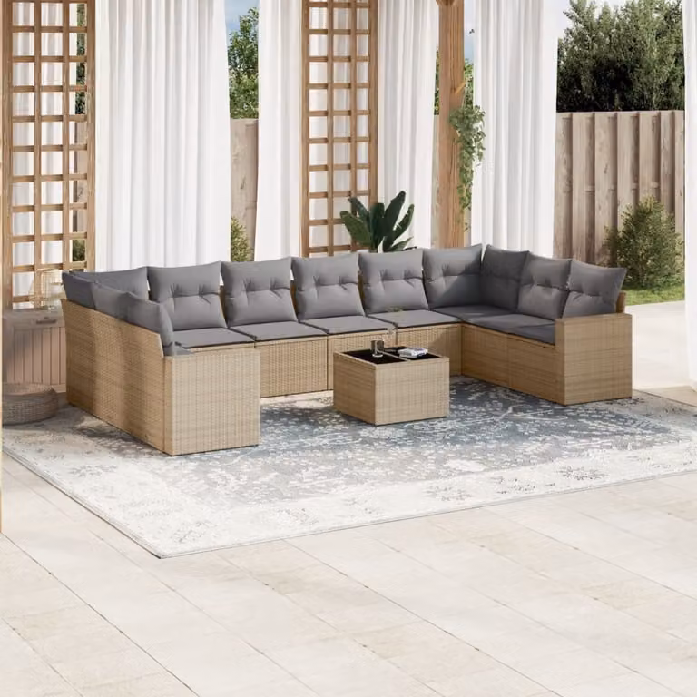 vidaXL Set Divani da Giardino 11 pz a Forma a U con Cuscini Beige e Struttura in Metallo e Polyrattan